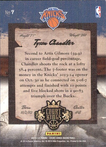 2013-14 Court Kings New York Knicks Basketball Card #7 Tyson Chandler - Picture 2 of 2