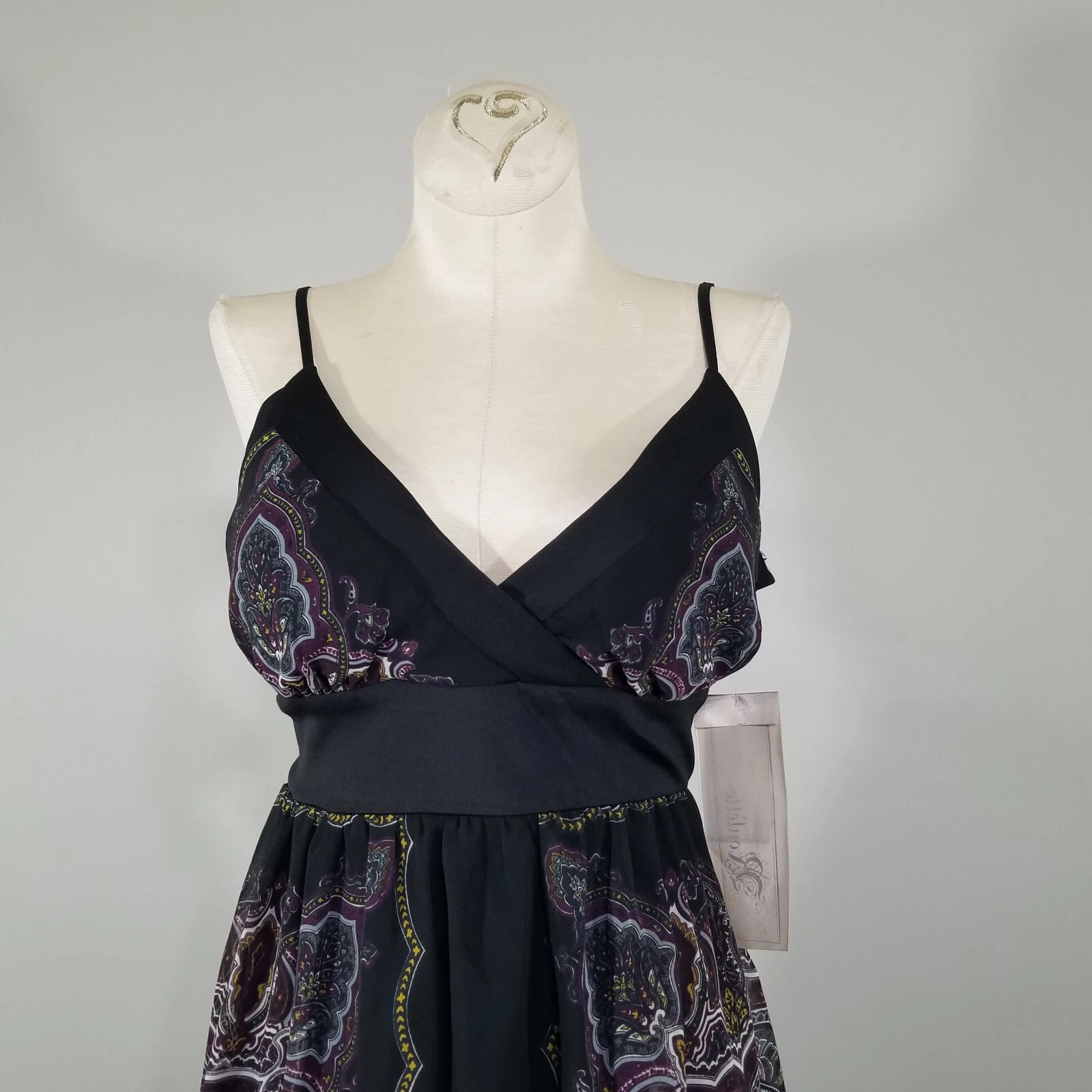 VALENTINO Abito da festa Roulette nero paisley chiffon 8 impero fiocco fascia spaghetti strap nuovo con etichette