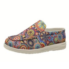 Womens Colorful Boho Floral Printed, Round Toe, Low Top Canvas, Casual Slip-On