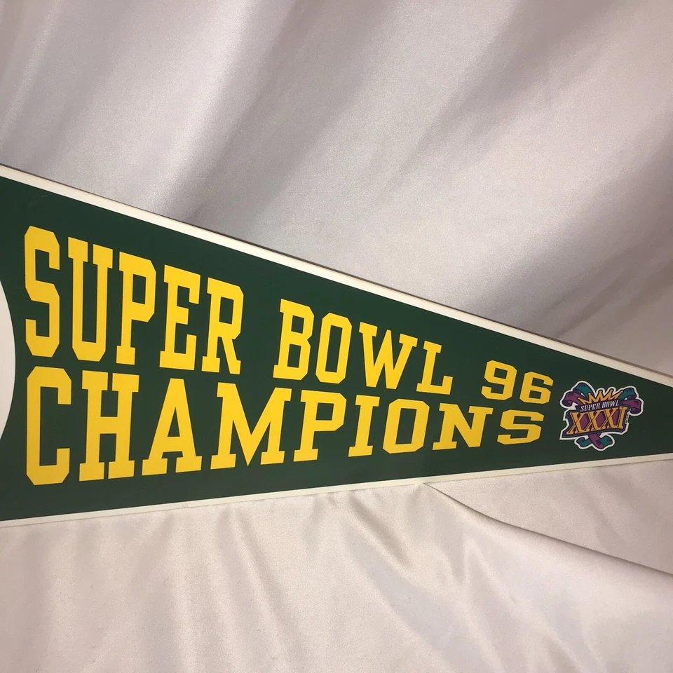 Reloj Banderín Vintage Campeones del Super Bowl 1996 Green Bay Packers Banner Probado Foto 3 de 4