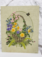 Vintage 1977 Paragon Crewel Embroidery Flowers Basket Butterfly On Board 20x16