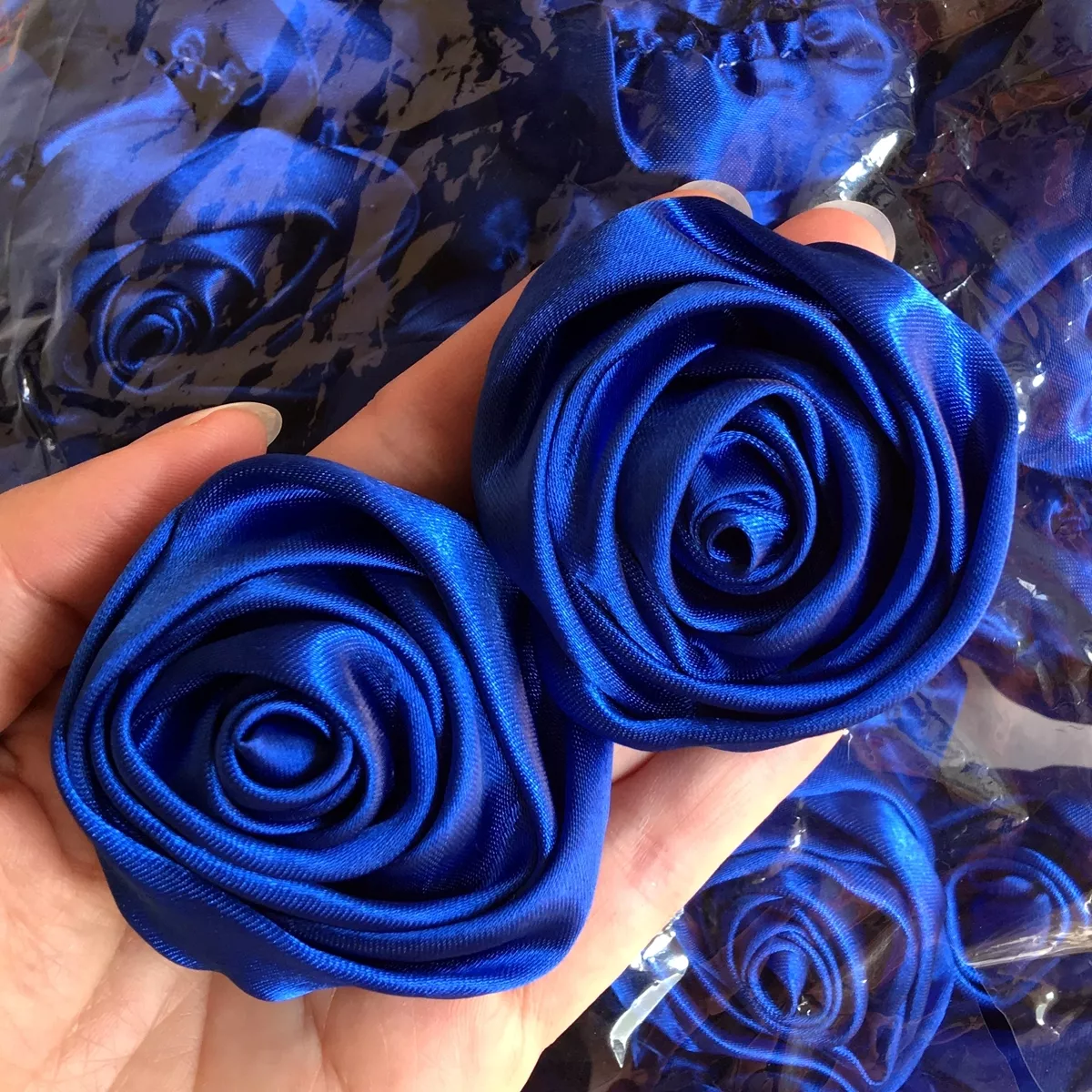 24PC Blue 2 Satin Ribbon Rose Flowers DIY Wedding Bridal Dress Bouquet 50mm