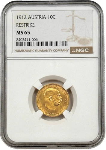 1912 Austria 10 Corona Gold 0.098 oz Coin NGC MS 65 Restrike