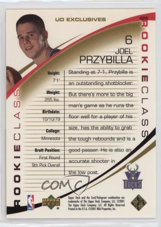 2000-01 Upper Deck Gold UD Exclusives /25 Joel Przybilla #429 Rookie RC - Image 2 of 2
