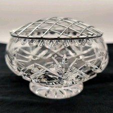 Cut Crystal Rose Bowl Vase Footed With Metal Frog Arranger Vintage 12.5cm Width