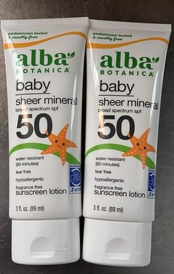 Alba Botanica BABY Sheer Mineral Sunscreen Lotion SPF 50 - EXP 7/27 - 2-PACK
