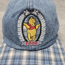 VTG Winnie The Pooh Hat Kids Elastic Adjustable Baseball Cap Blue Plaid Denim