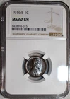 NGC MS-62 BN 1916-S Lincoln Cent, Attractively Toned, Radiant specimen!