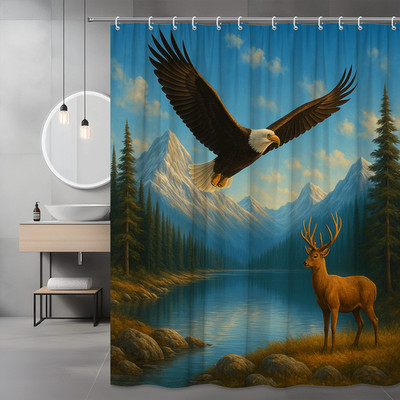 Nature Scene Shower Curtain with Eagle and Deer, Wildlife Decor