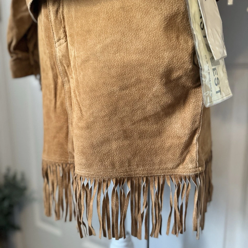 "Juego de falda chaqueta de cuero con flecos East West vintage de los años 70 marrón talla M 28""" Foto 4 de 4