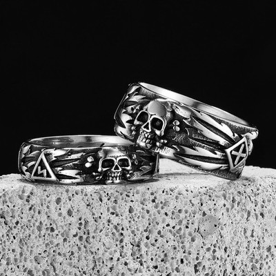 Stainless Steel Skull Ring Men Retro Punk Wide Geometric Statement Jewelry