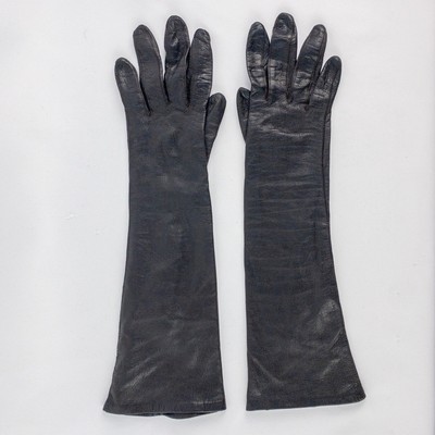 Fownes Vintage Long Black Leather Silk Opera Gloves Womens Small 6.5