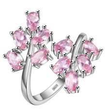 Valentine's Jewelry Gift Lady Genuine Pink Topaz Silver Flower Adjustable Ring