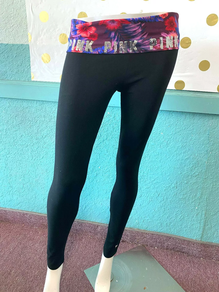 Victoria's Secret PINK Bling Floral Foldover Waist Cotton Yoga Legging  Black NWT 