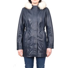 Women's Modern Smart Long Sheep Nappa Leather Coat Hood With Fur Blue Dr204