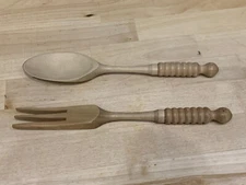 Wooden Fork & Spoon Serving Set Salad Toss- Spiral handle design - 9"