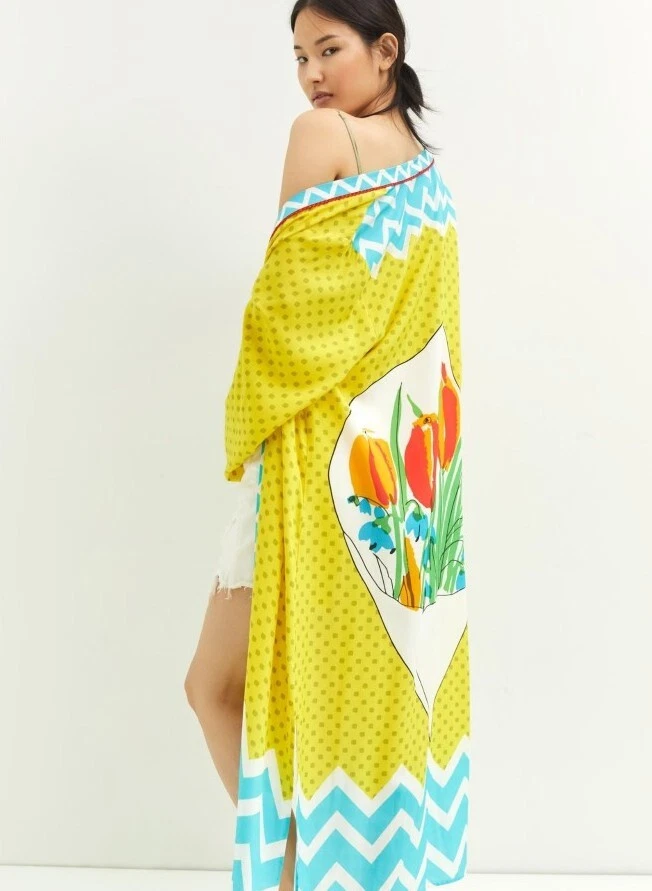 Maxi Chaqueta Boho Anthropologie Vera Estampado Floral Arte Manga Larga Kimono Talla Única