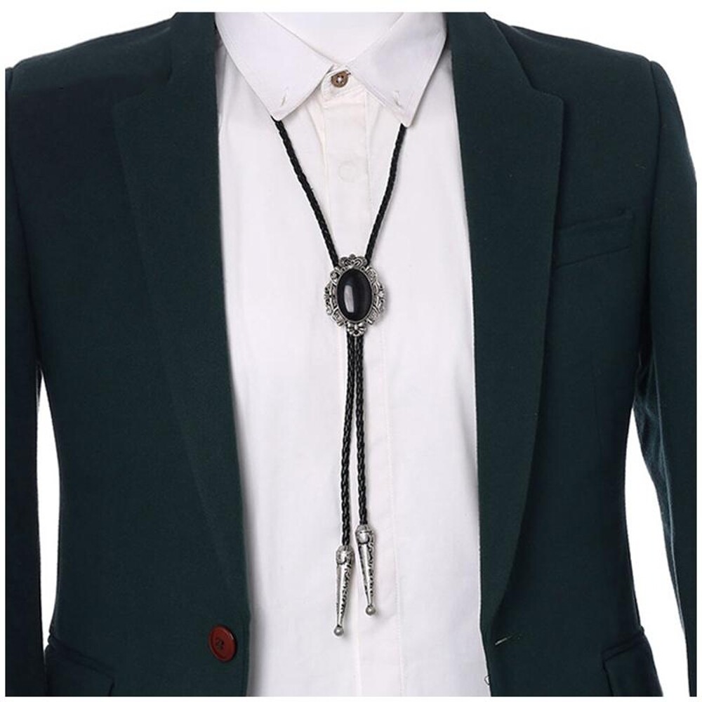 Mens Western Cowboy Bolo Tie With Stone Accents - Black, White & Blue Leather Rodeo Necktie