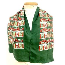 Vintage Silk Scarf - Green  Red Italian Village Print - 44"x14" - Retro A49