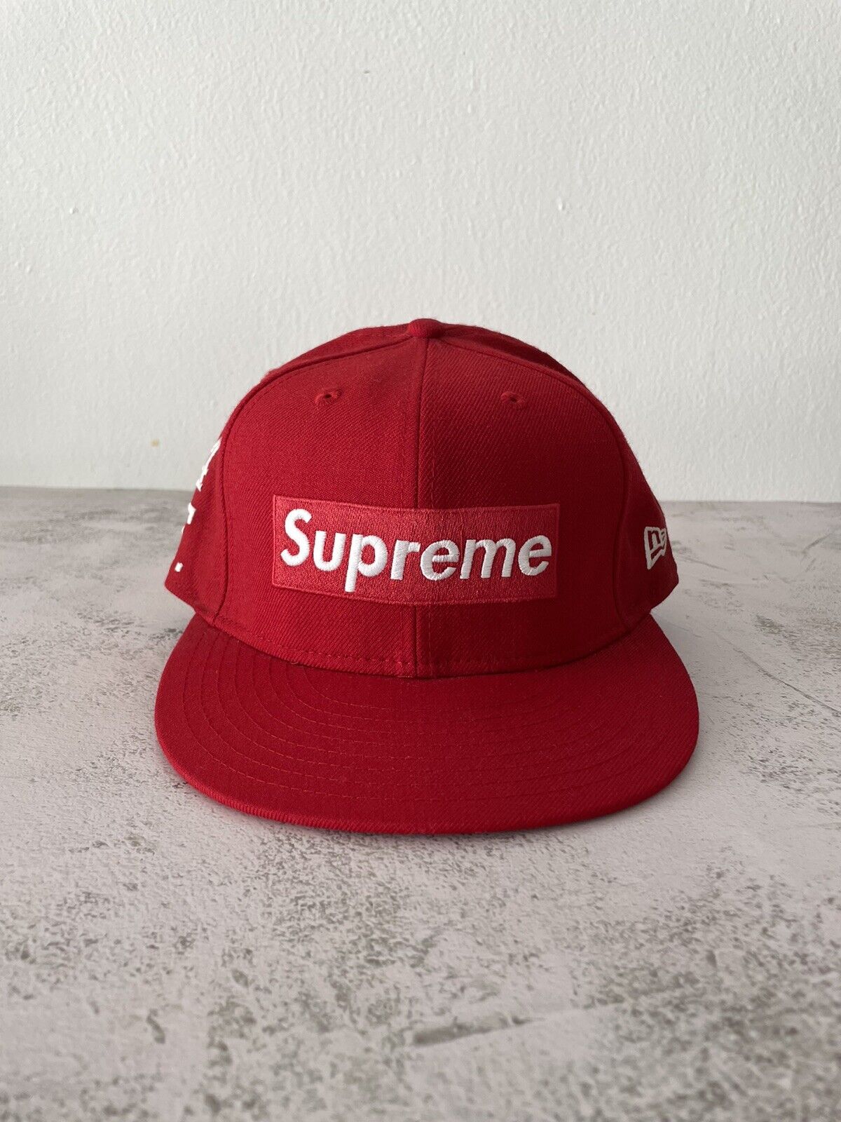 Supreme New Era Monogram Box Logo Fitted Hat 7 3/8 Red World Famous  Stitching