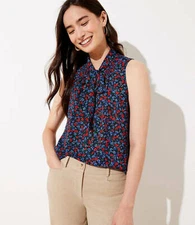 LOFT Women's NWT Floral Smocked Tie Neck Shell - Red/Blue - Size XX Small