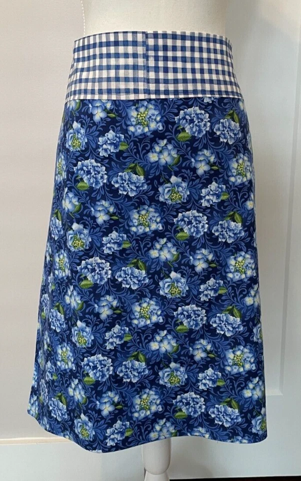 Reversible Half APRON Blue Hydrangea Swirls Check Cotton Ties In Back ADULT - Image 3 of 4