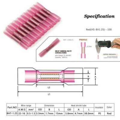 1000Pcs Heat Shrink Butt Connectors - Red, 22-16 AWG Waterproof Wire Terminals