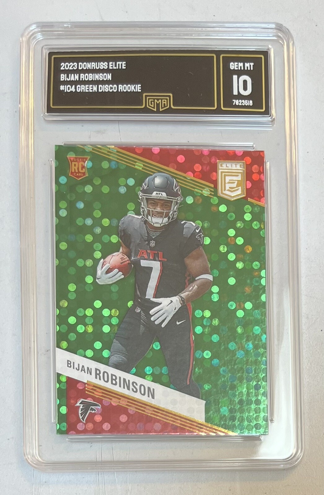 2023 Donruss Elite Bijan Robinson Green Disco Rookie Card #104 Graded GMA 10!