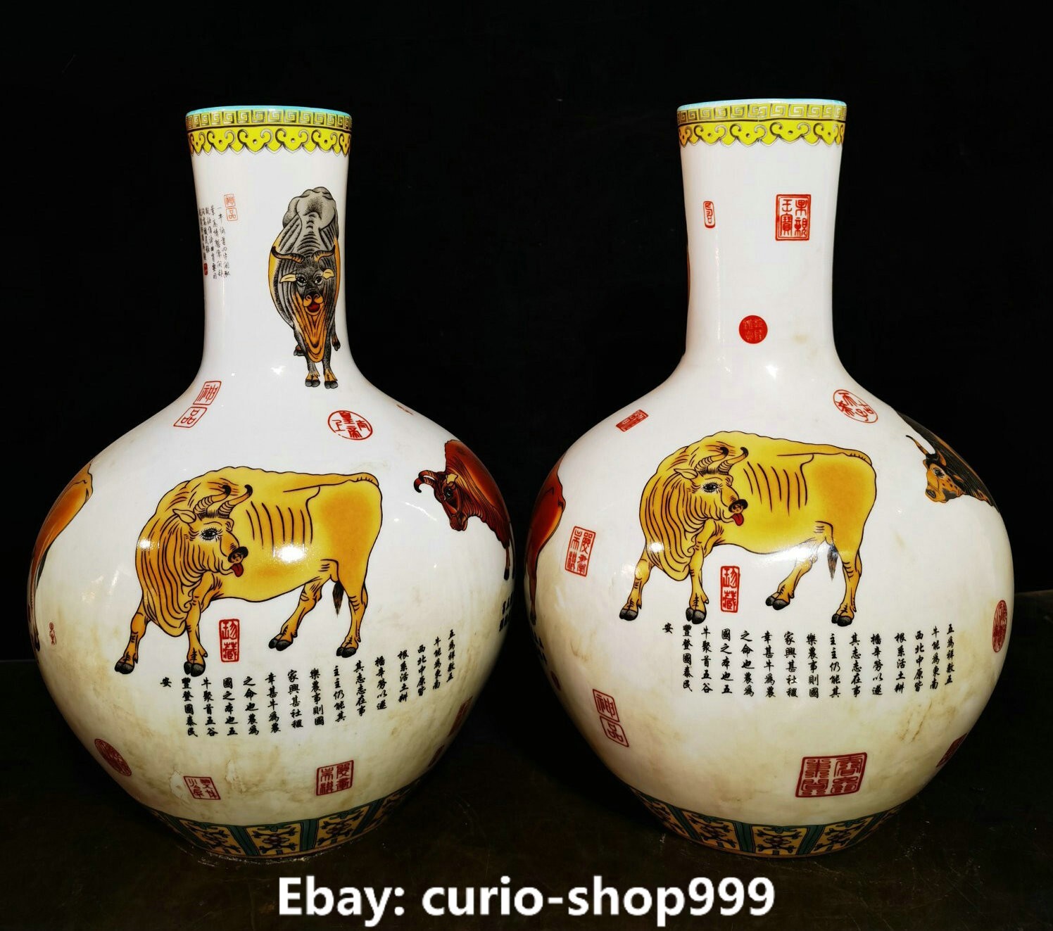 12.6 Inch Famille Rose Porcelain Cattle Bull Inscription Bottle Vase Pair