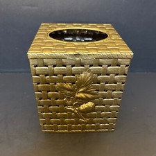 Vintage Kleenex Tissue Box Cover Gold Metal Basket Weave Raised Strawberry MCM 