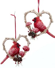 Kurt Adler Red Cardinal Birds in Branch Heart Christmas Ornaments 2 Assorted