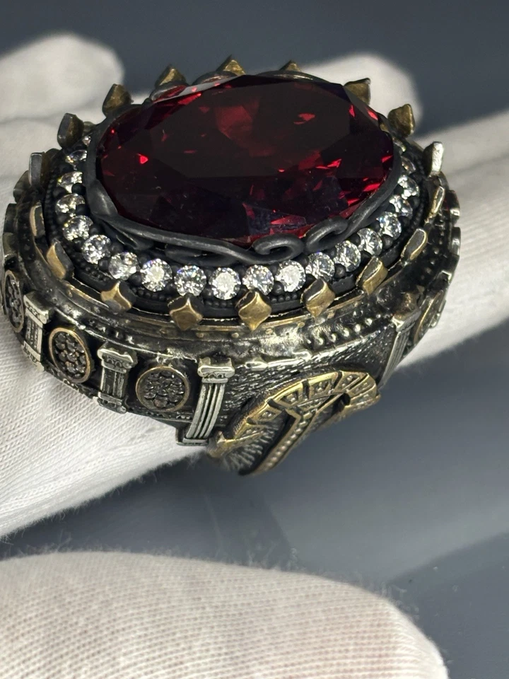 925 Sterling Silver Mens Ruby Ring: Ottoman Engraved Gothic Statement Jewelry - Image 4 of 4