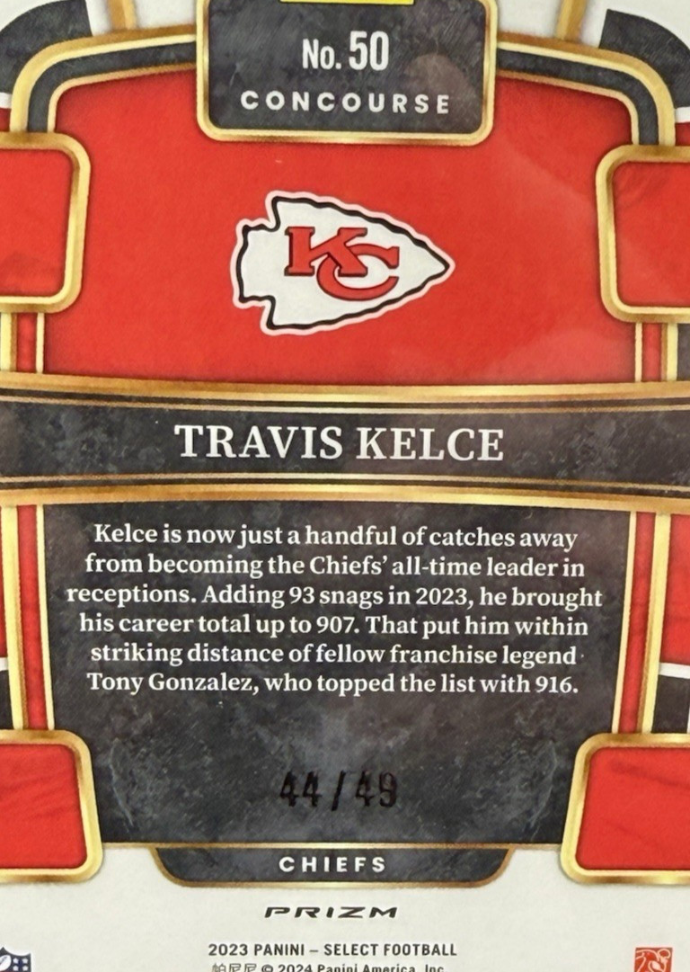 2023 Panini Select Travis Kelce Red Disco Prizm /49 SSP PSA 10 & Harrison Butker view 3