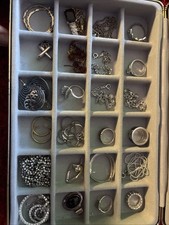 Vtg 925 Jewelry In Small 24 Slot Velvet Box. Few Costume Items. Nolan Miller Etc