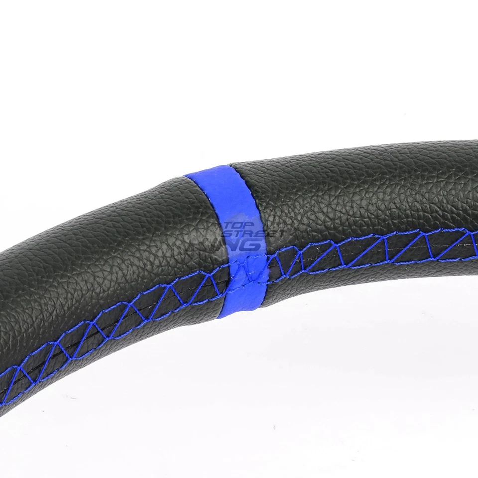 VOLANTE DE CORRIDA UNIVERSAL COURO PVC ALUMÍNIO COMPLETO 350MM 6 PARAFUSOS ACABAMENTO AZUL - Imagem 4 de 4