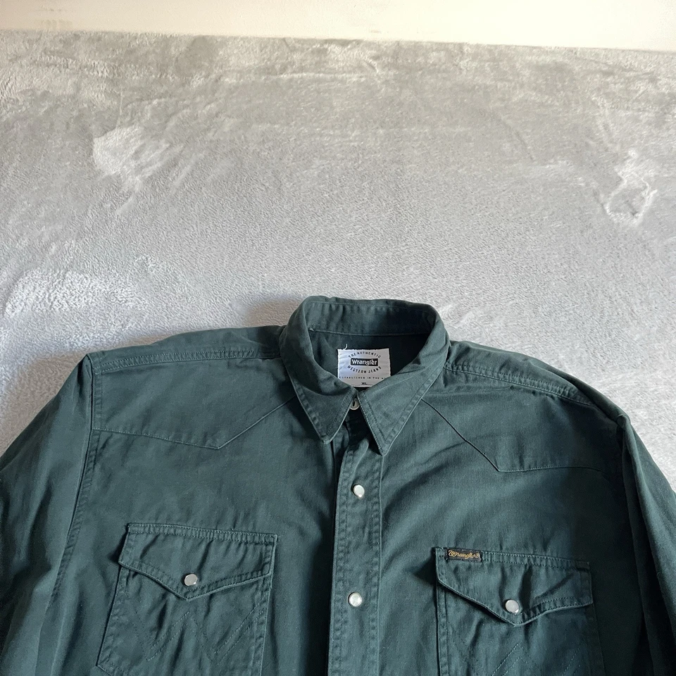Wrangler Vintage Cotton Western Shirt Mens XL Green Pearl Snap Buttons - Image 2 of 4