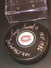 JSA SERGE SAVARD AUTOGRAPHED CANADIANS SIGNED PUCK 2 INSCRIPTIONS W/Holder 104
