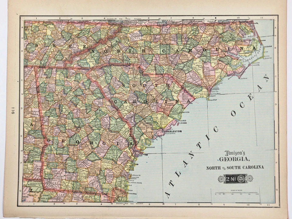 1903 GEORGIA - SOUTH CAROLINA - NORTH CAROLINA Map ORIGINAL (13x10) RAILROADS - Image 2 of 4