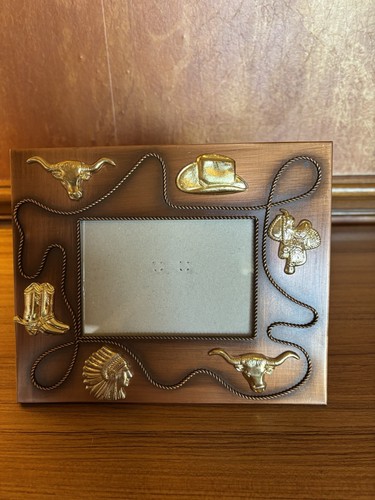 Western Brushed Copper Lasso Rope Cowboy Hat Saddle Steer Picture Photo Frame