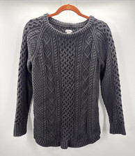 LL Bean Signature Sweater Cable Knit Cotton Fisherman  s Boat Neck Women M Gray