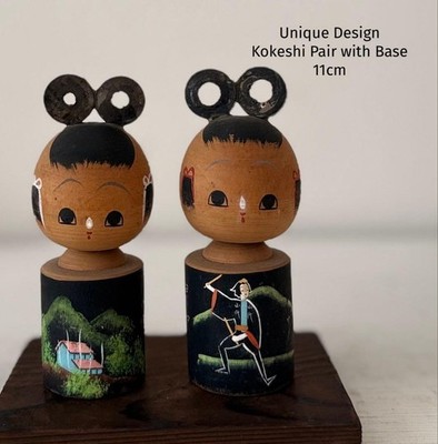 Kokeshi Pair Vintage 11cm with Base Unique Design Collectible for Display
