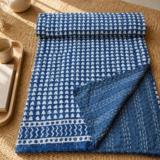 Indigo Print Kantha Bedspread Block Print Quilt King Size Handmade Bedcover