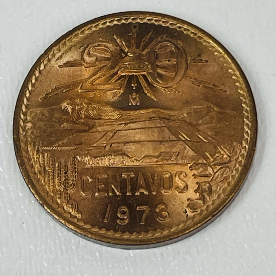 Moneda 20 Centavos México 1973 Pátina y Pirámide del Sol de Teotihuacán Foto 3 de 4