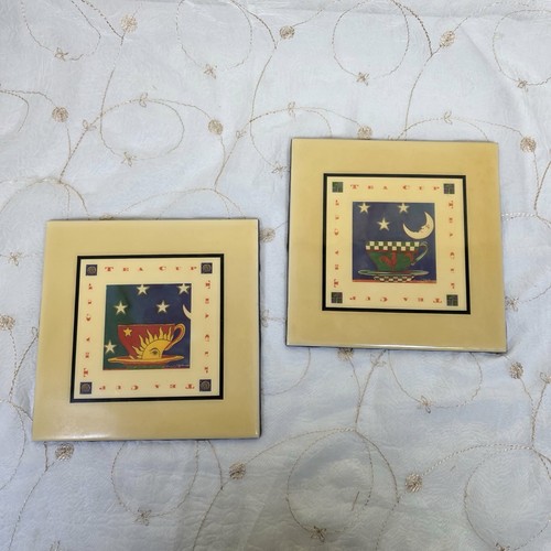 Vintage Larry K Stephenson Art Tiles Set of 2 Celestial Sun Moon Teacup Rooster