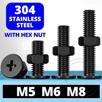 Black A2 Stainless Steel CM Phillips Ultra Thin Flat Wafer Head Screws & Hex Nut