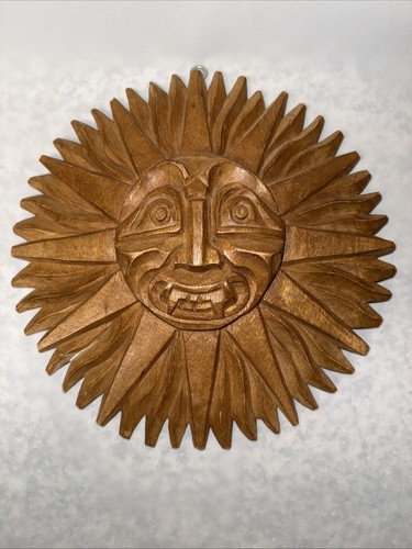 Hand Carved Wooden Sun Face Wall Art At Boho Folk Celestial Decor 10”