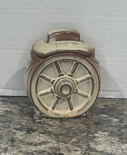 Vintage Frankoma Prairie Green Sugar w/lid  4.75" tall Wagon Wheel USA Vintage