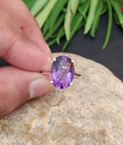 Amazing Amethyst Prong Set Oval Ring-925 Sterling Silver Purple Birthstone Ring - Picture 6 of 12
