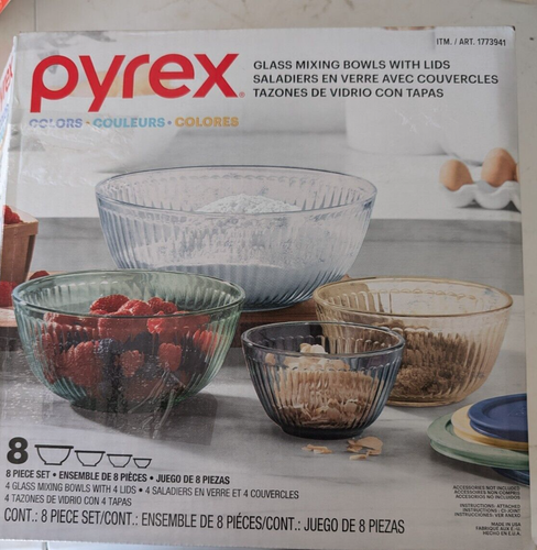 Pyrex Glass Mixing Bowls Food Containers Bowl Set W/Lids 8-Pieces New ...