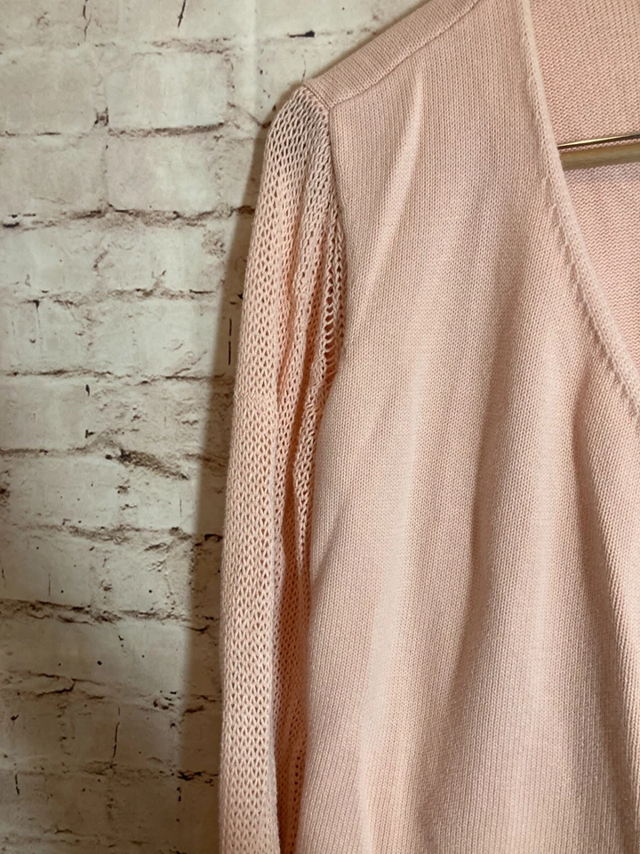 J. Jill Wrap Sweater Womens Medium Petite Baby Pink Cotton Tie Crochet Sleeves - Image 3 of 4